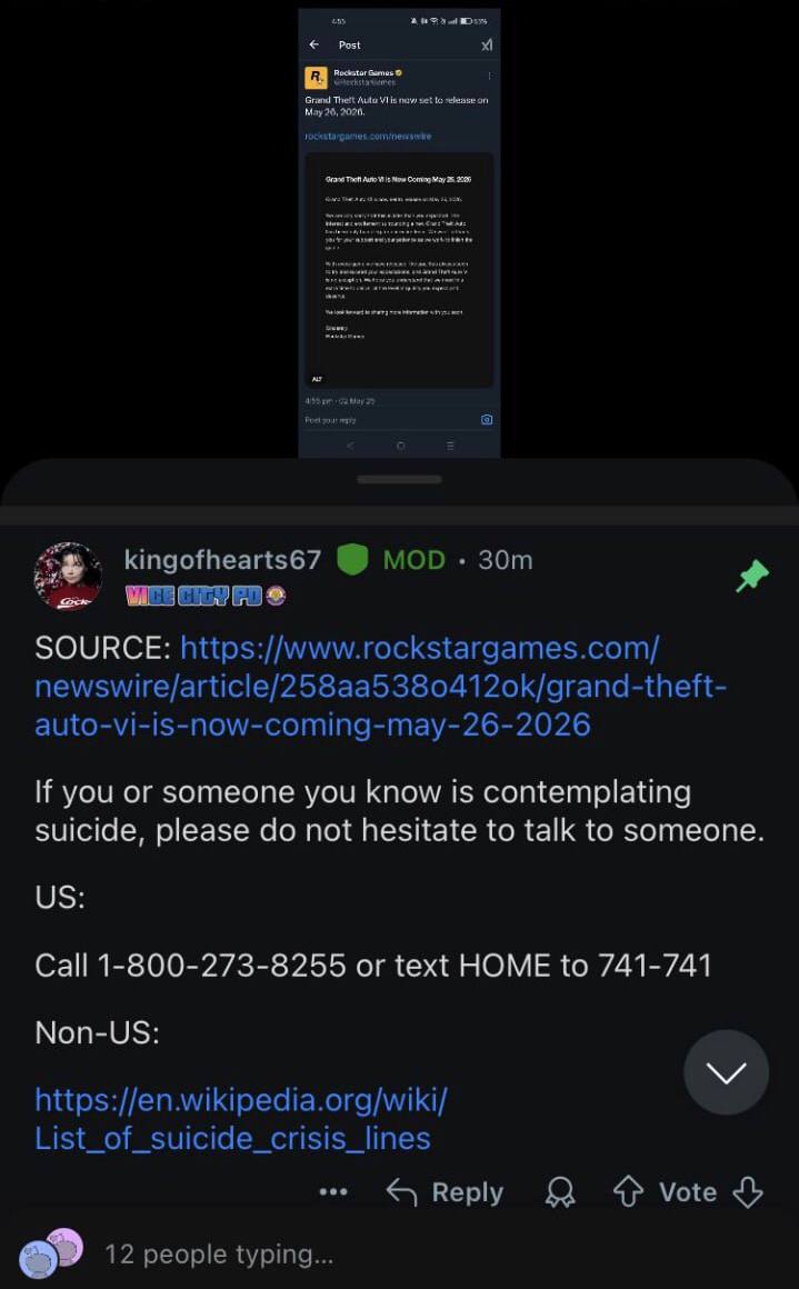 В сабреддите r/GTA6 модератор закрепил телефон службы поддержки по предотвращению самоубийств. Сегодня фанаты проснулись и узнали об очередном переносе игры — на 26 мая следующего года