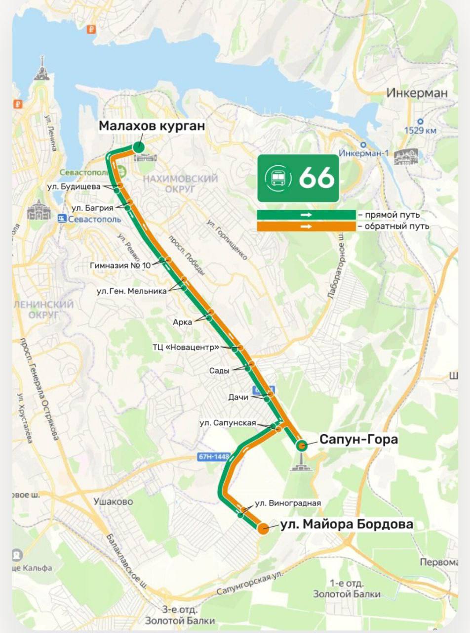 Маршруту 66 добавили два рейса Автобусы 66 ходят по маршруту Малахов курган Диорама с заездом в СТ Морзаводец обеспечивая транспортную доступность одного из отдаленных районов города По обращениям жителей микрорайона Департаментом транспорта во взаимодействии с предприятием перевозчиком принято решение о временном введении дополнительных рейсов в вечернее время В связи с этим организованы два дополнительных рейса в 19 30 от остановочного пункта Малахов Курган в 20 00 от остановочного пункта Сапун гора с заездом на ул Майора Бордова Изучение пассажиропотока на этих рейсах будет проходить месяц до 10 октября и в случае устойчивого пассажиропотока они будут включены в расписание на постоянной основе Напомним расписание всех маршрутов общественного транспорта опубликовано на сайте   sevdortrans ru bus
