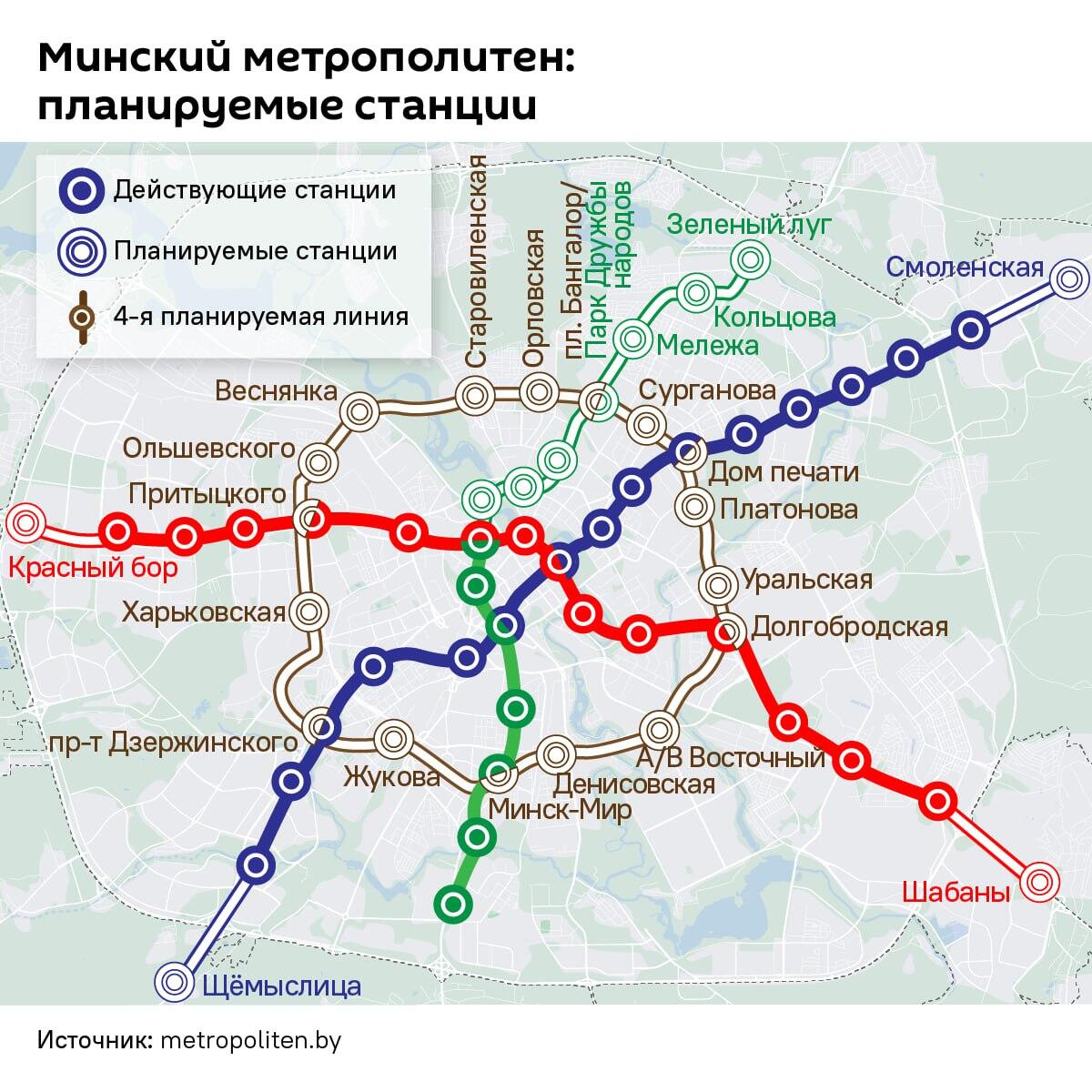 Схема метро Минска — действующие и планируемые станции  Сегодня были отрыты три новые станции Минского метрополитена: "Аэродромная", "Неморшанский сад" и "Слуцкий гостинец".