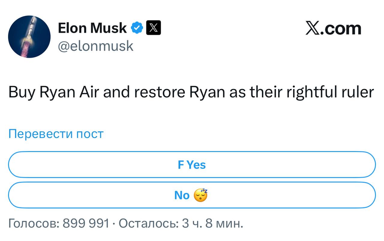 Илон Маск рассматривает покупку Ryanair Илон Маск устроил опрос среди подписчиков в X спрашивая стоит ли ему приобрести Ryanair Более 80 участников голосования поддержали эту идею Илон Маск