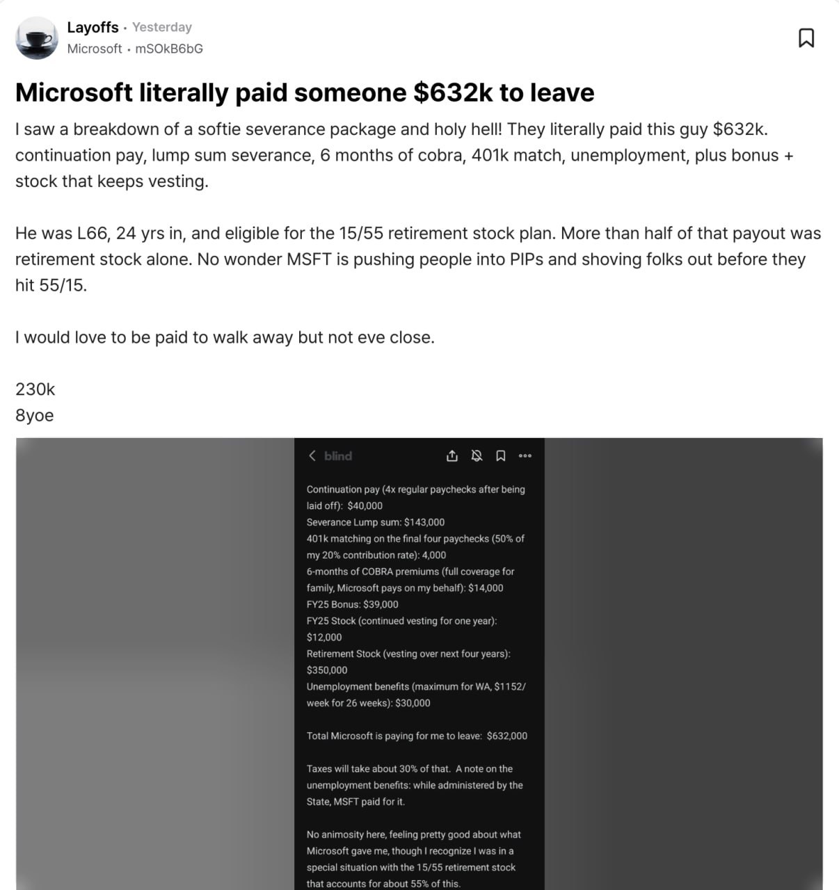 Мечта Microsoft заплатили сотруднику 632 тыс 50 млн за увольнение Разработчик провел в компании 24 года и выбил самое щедрое выходное пособие Только 143 тыс ему дали за стаж и 30 тыс за то что он стал безработным Еще 350 тыс мужчина получил в виде акций