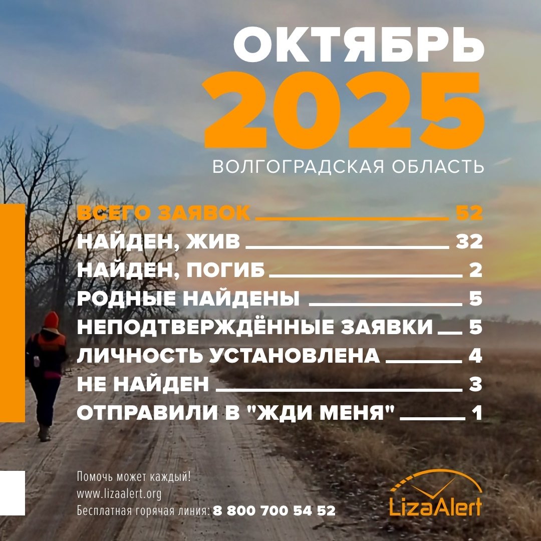 В октябре в Волгоградской области бесследно пропали три человека В прошлом месяце волонтёры реготделения поискового отряда ЛизаАлерт получили заявки на поиск 52 человек Обнаружили к счастью живыми 32 пропавших двое найдены погибшими судьба ещё трёх человек остаётся неизвестной Их поиски продолжаются волонтёры распространяют ориентировки и анализируют поступающие сведения Пять заявок оказались неподтверждёнными В четырех случаях удалось установить личности разыскиваемых Ещё по одному эпизоду сведения отправлены в программу Жди меня Добавим что в сентябре добровольцы получили заявки на поиски 44 жителей Волгоградской области