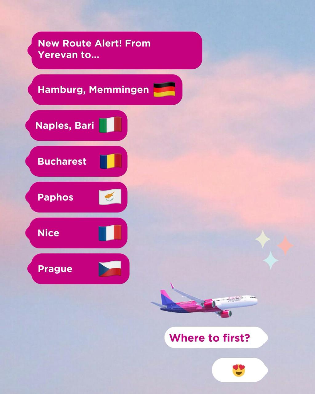 Венгерский лоукостер Wizz Air сообщил о запуске 8 новых маршрутов в 6 стран из Еревана «Мы с гордостью открываем нашу 34-ю базу в Ереване, запуская 8 новых маршрутов в 6 странах — соединяя Армению с Европой как никогда раньше. Билеты — от €29.99! Это ещё один важный шаг к тому, чтобы путешествия стали доступнее и ближе для всех», - говорится в публикации авиакомпании. Добавляются рейсы в Гамбург , Неаполь , Бухарест , Пафос , Ниццу , Прагу . Если у вас оформлен Telegram Premium, поддержите наш канал по ссылке.