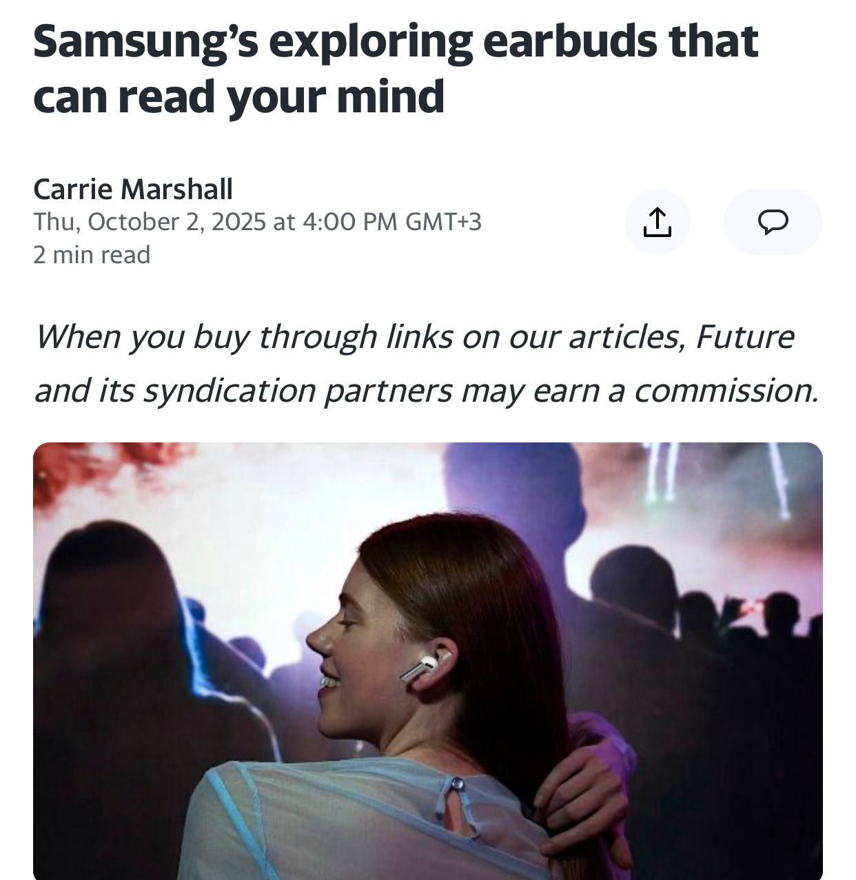 Samsung создала Ear EEG наушники которые читают мысли человека с помощью ИИ В одном из экспериментов наушники с точностью до 92 определяли понравилось участникам просмотренное видео или нет А также оценивали уровень усталости и концентрации испытуемых Дата начала массового производства Ear EEG пока неизвестна Подписывайтесь в Max   max ru cyberfreek