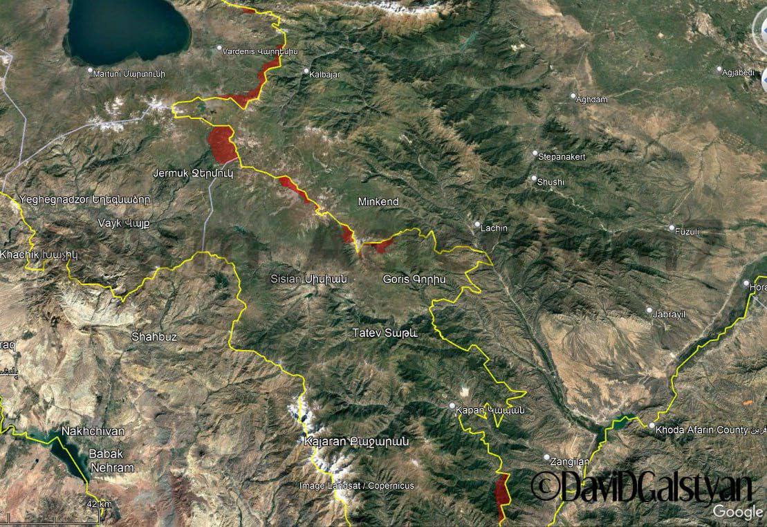 Территории Армении близ Джермука, Ишханасара, Неркин Ханда, Вардениса и т.д. "пока" останутся оккупированными  Армянский МИД сообщил, что Армения и Азербайджан продолжат "делимитацию" с севера на юг - от границы Грузии к Ирану.  При этом, насколько нам известно, после "делимитации" на участке Беркабер-Баганис, именно Армения должна была предложить следующий участок.    P.S. Азербайджан в 2021 - 2022 гг оккупировал +/- 220 кв км территории Армении..  Два года назад 13-14 сентября Азербайджан атаковал Армению в различных направлениях  Баку впервые вторгся на территорию Армении еще весной 2021 г., потом осенью 2021 г., оккупировав несколько десятков кв км.   А в ходе агрессии в сентябре 2022 года он довел площадь оккупированной территории Армении, по моим подсчетам, примерно до +/- 220 кв км.   Районы оккупации:  Джермук - +/- 74 кв км.  Варденис - +/- 68 кв км.  Неркин Ханд - +/- 23 кв км. Черное Озеро / Ишханасар - +/- 16 кв км. Цхук / Ухтасар - +/- 20 кв км.  Цицернакатар - +/- 12 кв км. Кахакн - +/- 8 кв км.