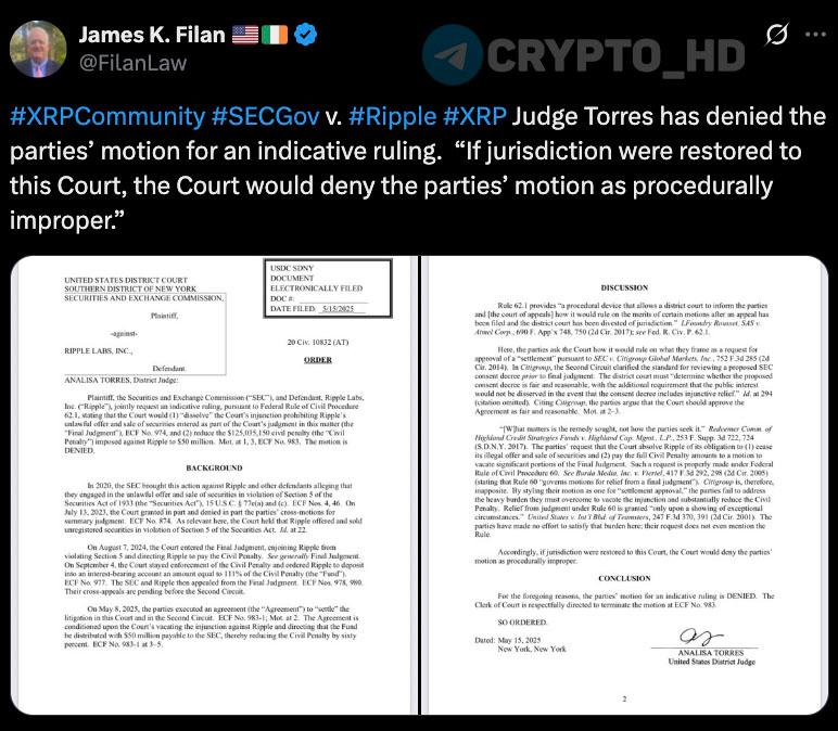 #XRP Важное обновление по делу SEC vs Ripple – twitter Суд отклонил запросы Ripple и SEC о частичном пересмотре итогового решения завершении судебного разбирательства . Регулятор и представители Ripple подали запрос под видом «утверждения мирового соглашения», но судья Аналиса Торрес расценила это как попытку изменить уже вынесенный вердикт. Итог: Предыдущие решения суда, включая штраф Ripple в $125m, остаются в силе. Компании и регулятору придется искать другие пути для урегулирования спора. Ранее: уже конец? Crypto Headlines