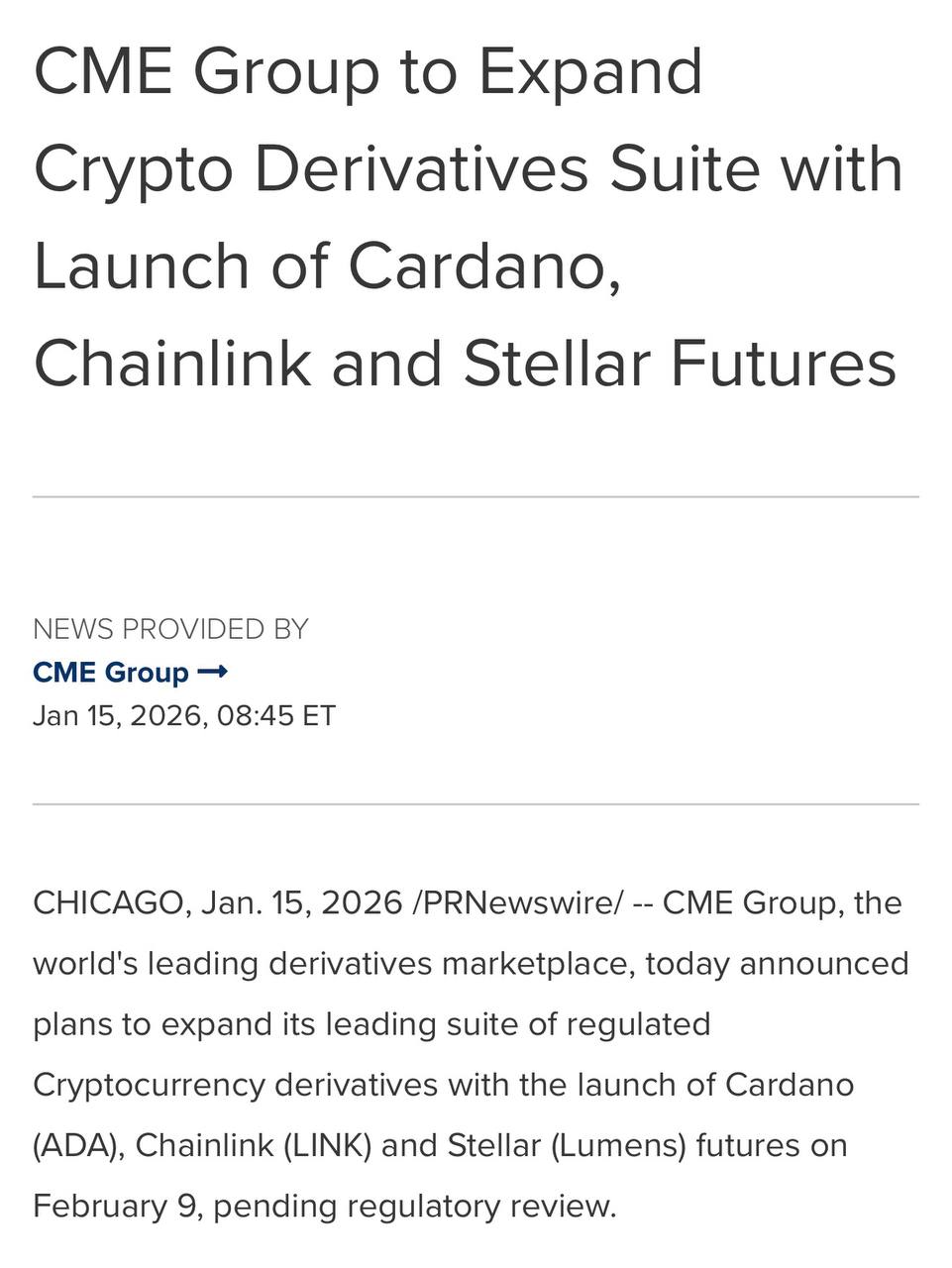 Биржа CME Group запустит фьючерсы на Cardano ADA Chainlink LINK и Stellar XLM 9 февраля News YouTube Instagram