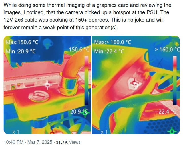 Энтузиаст обнаружил, что кабели питания Inno3D RTX 5090 нагреваются до температуры 150°C!    Несмотря на такую высокую температуру, кабель питания не деформировался, видеоадаптер работает штатно. Энтузиаст пояснил, что у него стоит блок питания представляет собой модель BeQuiet! Dark Power 13 стандарта ATX 3.1, обеспечивающий полную поддержку кабелей 12V-2×6.    godnoTECH - Новости IT