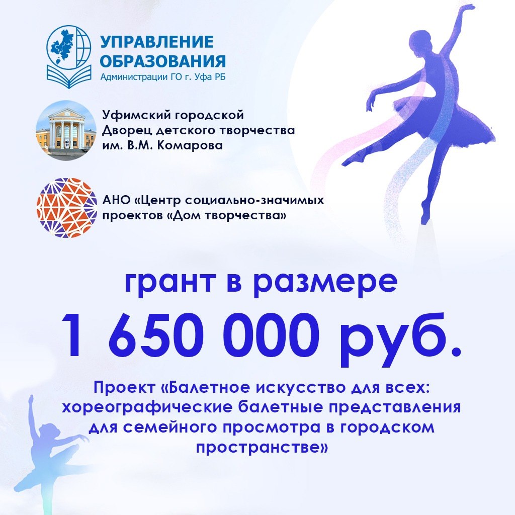 Волшебство танца Заявка Автономной некоммерческой организации Центр социально значимых проектов Дом творчества стала победителем Конкурса на предоставление грантов некоммерческим организациям в рамках реализации федерального проекта Семейные ценности и инфраструктура культуры национального проекта Семья в 2025 году в конкурсе грантов Общероссийской общественно государственной организации Российский фонд культуры На реализацию проекта Балетное искусство для всех хореографические балетные представления для семейного просмотра в городском пространстве предоставлен грант в размере 1 650 000 рублей Цель проекта создание креативного общественного пространства для совместного семейного досуга детей и их родителей на открытых общедоступных мероприятиях пропагандирующих классическое балетное искусство России традиционные семейные ценности и здоровый образ жизни Проект предусматривает проведение нескольких мероприятий на различных площадках учреждений образования и культуры города Уфы Воспитанники творческих хореографических студий будут проводить показательную разминку у балетных станков в которой могут принять участие все желающие В завершении каждого мероприятия зрители смогут увидеть балетное представление Волшебство танца исполняемое силами воспитанников творческих хореографических студий города Уфы Организационным партнером данного проекта выступает Уфимский городской Дворец детского творчества им В М Комарова Приглашаем всех желающих принять участие в мероприятиях Сроки реализации с 15 сентября по 1 декабря 2025 года