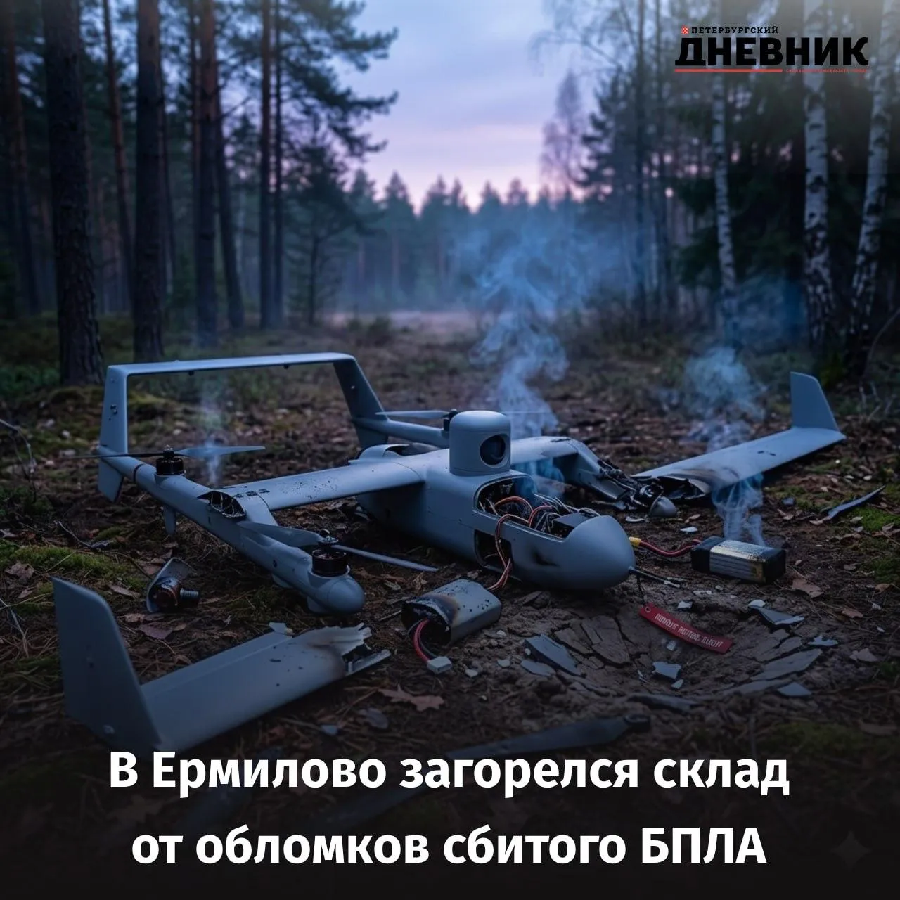 В Выборгском районе Ленобласти загорелся склад после падения обломков БПЛА В посёлке Ермилово при отражении атаки беспилотников произошло возгорание складского помещения причиной стало падение обломков Пострадавших нет На месте работают пожарные подразделения района Фото DALL E Подписаться на Петербургский дневник в МАХ   Оставайтесь на связи с нами даже с ограничениями мобильного интернета