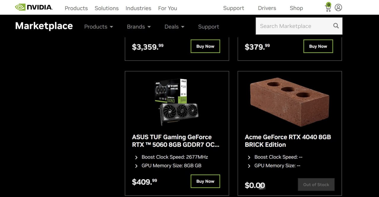 Nvidia представила необычную новинку — графический процессор под названием RTX 4040 Brick Edition, по форме напоминающий кирпич. Согласно характеристикам, эта модель соперничает по производительности с RTX 5060, обладающей 8 ГБ памяти.
