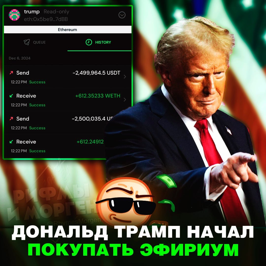 Трамп начал закупать Ethereum на свой публичный криптокошелёк!    — ТРАМП РЕШИЛ ДВИГАТЬ ВСЮ КРИПТУ, КРАСАВЕЦ!   — пох совершенно    Рифмы и Морген