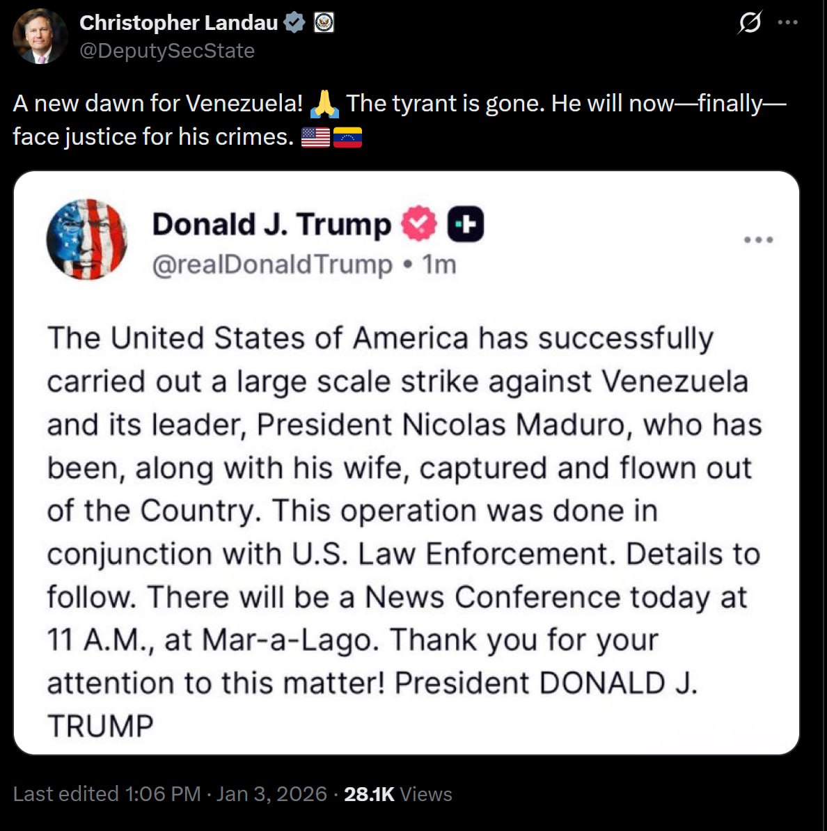 Заместитель госсекретаря США заявил что задержанный президент Венесуэлы Николас Мадуро предстанет перед правосудием за свои преступления Соответствующее заявление американский чиновник сделал на фоне сообщений о завершении военной операции США в стране В заявлении подчёркивается что по мнению Вашингтона в Венесуэле наступает новый рассвет а существовавший режим назван тираническим Чиновник утверждает что Мадуро привлекут к ответственности в судебном порядке Читай в Max Читай в Telegram Смотри на RUTUBE