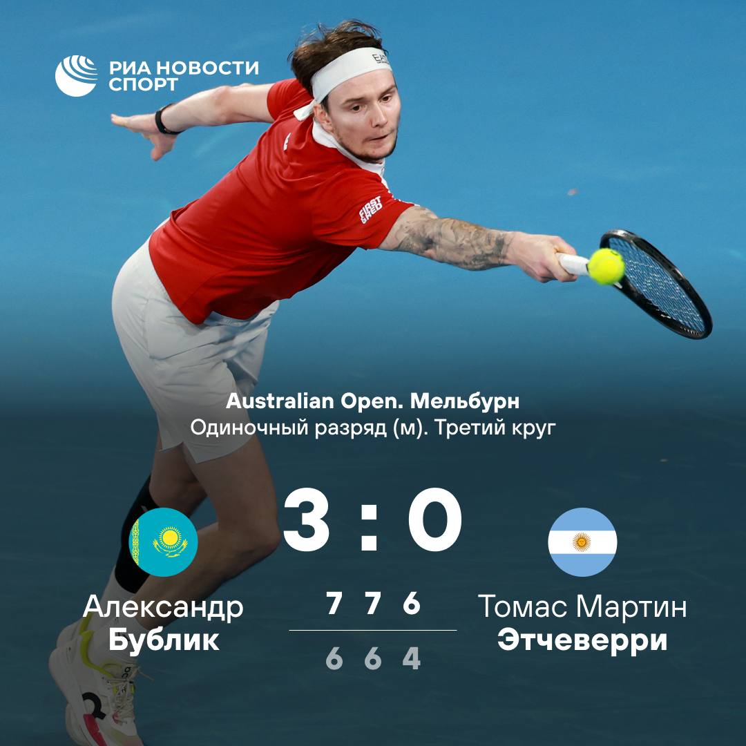 Бублик вышел в четвертый круг Открытого чемпионата Австралии Александр со счетом 7 6 7 4 7 6 7 5 6 4 обыграл аргентинца Томаса Мартина Этчеверри Следующий соперник австралиец Алекс де Минаур Ранее лучшим достижением Бублика на Australian Open был выход во второй раунд турнира Подписывайтесь на РИА Новости Спорт в MAX