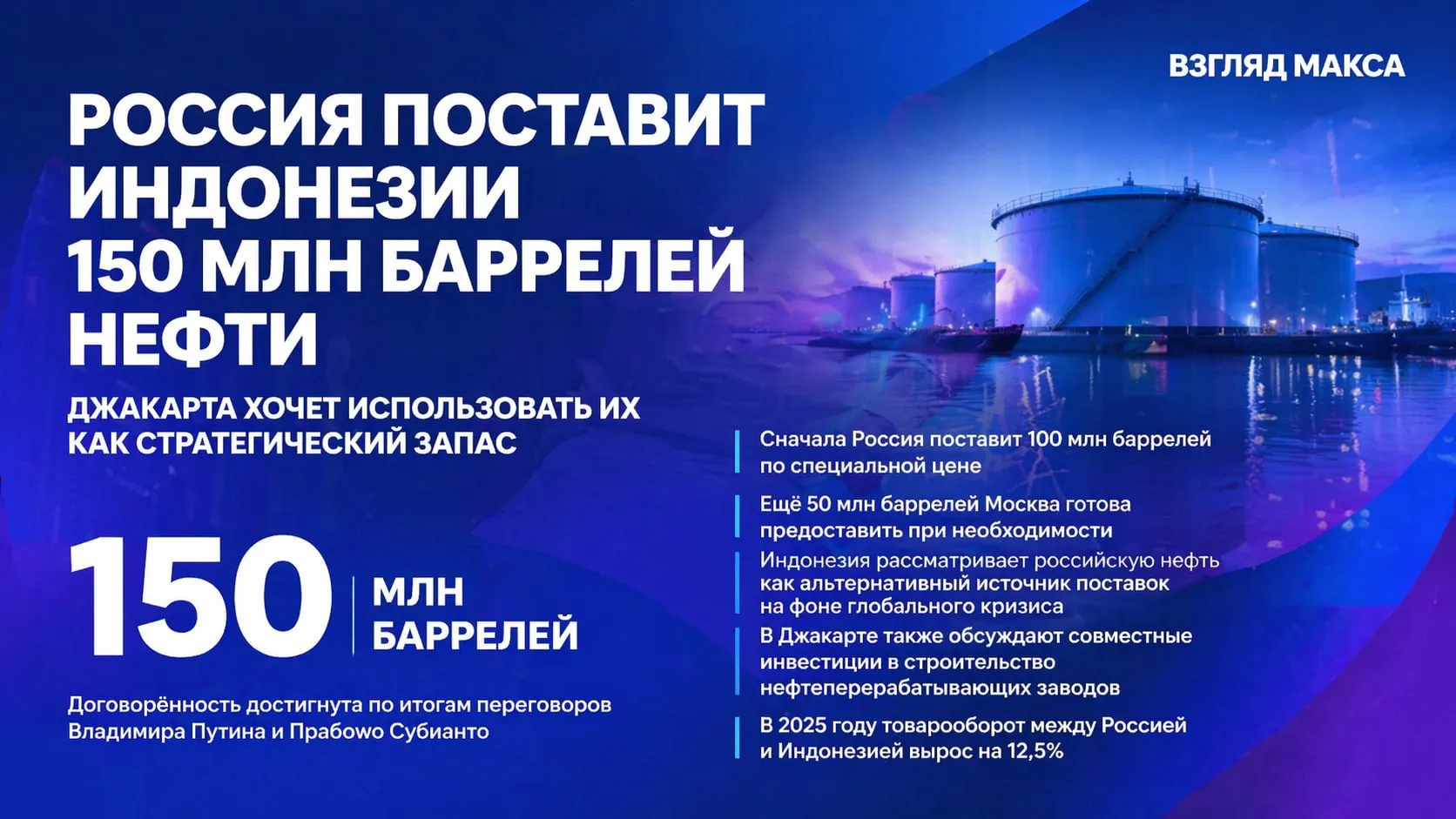 Россия и Индонезия договорились о крупных поставках российской нефти в азиатскую республику По словам специального представителя президента Индонезии по вопросам климата и энергетики Хашима Джоджохадикусумо речь идет о 150 млн баррелей которые Джакарта намерена использовать как стратегический запас на случай возможных экономических потрясений Как уточнил индонезийский представитель договоренность была достигнута по итогам переговоров Владимира Путина и президента Индонезии Прабово Субианто которые прошли 13 апреля По его словам российская сторона дала положительный ответ на запрос Индонезии о поставках нефти предназначенной для хранения внутри страны в качестве страхового ресурса на случай кризисов Предполагается что сначала Россия поставит 100 млн баррелей по специальной то есть сниженной цене Еще 50 млн баррелей как утверждается Москва готова предоставить при необходимости Финансовые параметры соглашения не раскрываются В Джакарте рассматривают российскую нефть как альтернативный источник поставок на фоне напряженности на мировом энергетическом рынке Индонезийская сторона напрямую связывает это с глобальным кризисом который усилился из за боевых действий США и Израиля против Ирана Ранее министр энергетики и минеральных ресурсов Индонезии Бахлил Лахадалия заявлял что республика рассчитывает начать импорт российской нефти уже в апреле Параллельно по его словам обсуждаются и совместные инвестиции в строительство нефтеперерабатывающих заводов на территории Индонезии Тема энергетики стала одной из ключевых на переговорах в Кремле 13 апреля Тогда Владимир Путин подчеркнул что стратегический характер российско индонезийских отношений прежде всего проявляется в экономике По его словам в 2025 году товарооборот между двумя странами вырос на 12 5 Прабово Субианто со своей стороны отметил роль России в мировой политике и поблагодарил Москву за поддержку которую она оказывает Джакарте Отдельно он выразил признательность России за быстрое присоединение Индонезии к БРИКС Читай в Max Читай в Telegram Смотри на RUTUBE