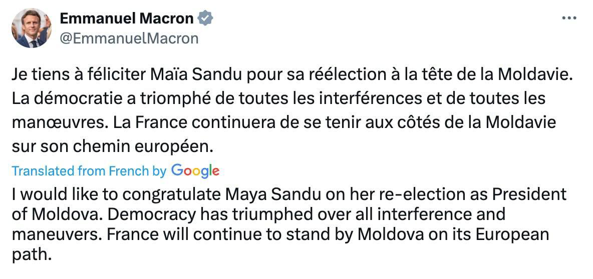 Вслед за фон дер Ляйен с победой на выборах президента Молдавии Санду поздравил Макрон.   Он заявил, что «демократия восторжествовала над всяким вмешательством и маневрированием». Также заверил, что Париж продолжит поддерживать Кишинёв «на его европейском пути».    Подписаться   Прислать новость   Зеркало