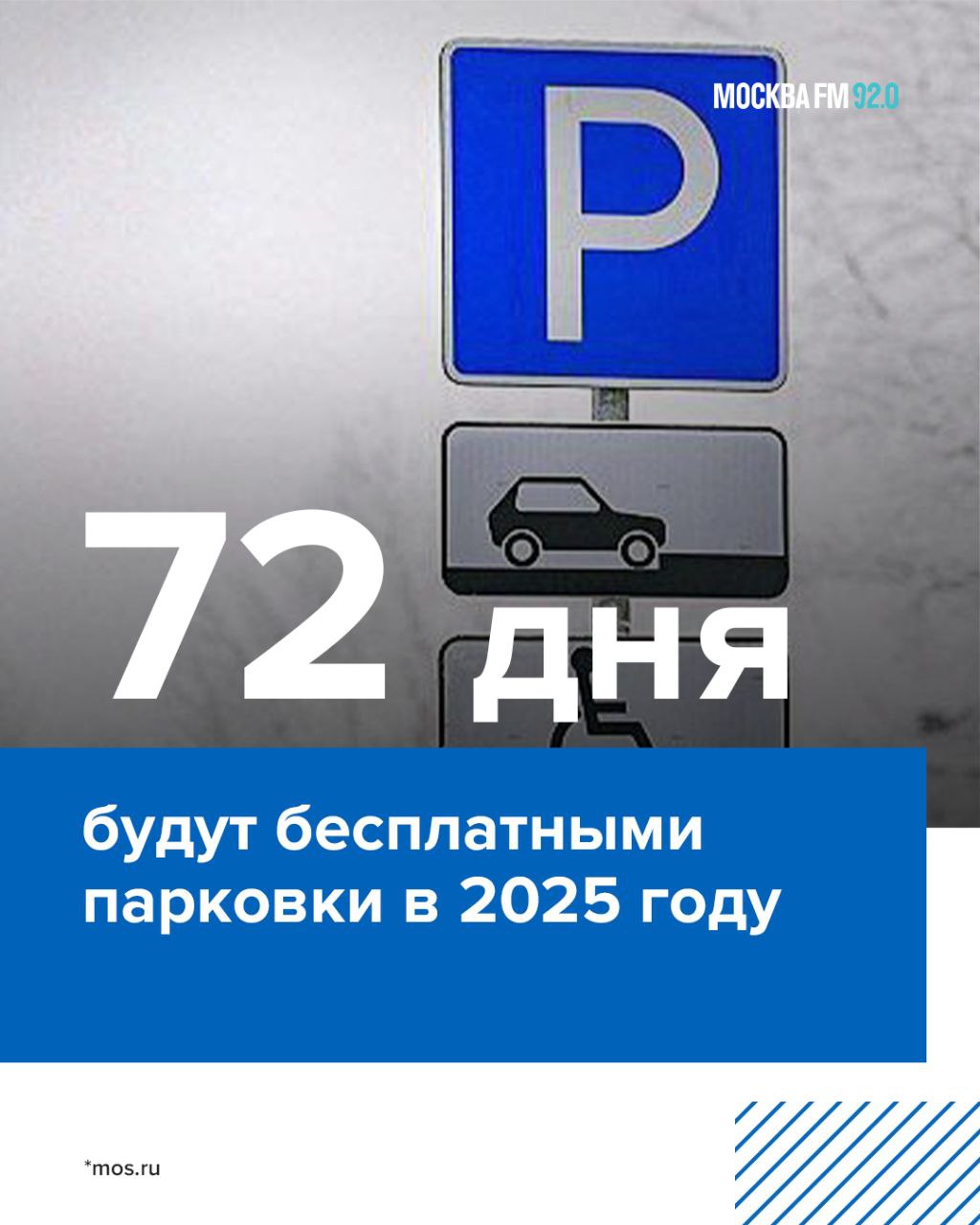 Плата за парковку на улицах города традиционно отменяется в государственные праздники и воскресные дни   Всего в 2025 году москвичей ждёт 72 дня бесплатной парковки, из которых 22 дня — на всех улицах города, — сообщил заммэра Москвы Максим Ликсутов  50 воскресных дней парковки будут бесплатными везде, кроме улиц с тарифами 380, 450 и 600 рублей в час и зон динамического тарифа