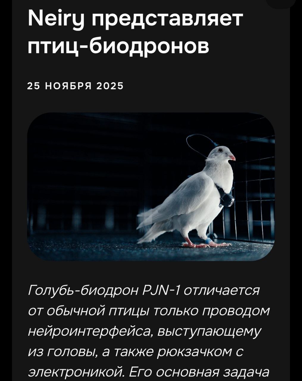 Беспилотники уже прошлый век Российская группа компаний Neiry провела полёты испытания первой стаи голубей биодронов в мозг которых имплантированы нейроинтерфейсы Некоторые особенности биодронов благодаря нейрочипу оператор может управлять птицей загружая ей полётное задание благодаря нейростимуляции отдельных зон мозга птица сама хочет передвигаться в нужную сторону навесная электроника питается от солнечных батарей расположенных на спине вероятность падения или аварии биодрона мала и равняется вероятности падения птицы поэтому биодроны можно безопасно эксплуатировать в городах Проект находится на одной из завершающих стадий и готовится к опытному внедрению в сферы где необходим продолжительный или удалённый мониторинг например для мониторинга линий электропередач газораспределительных узлов и других инфраструктурных объектов
