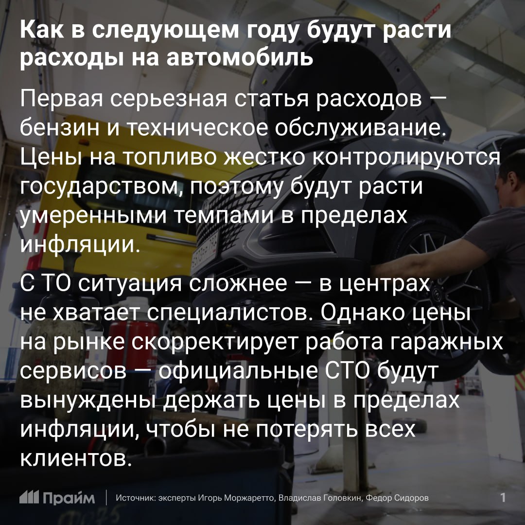 Как вырастут расходы на пользование автомобилем в 2025 году  Обслуживание автомобиля за последние два года заметно подорожало, и 2025 год не станет исключением, прогнозируют экономисты.   Как изменится средний ценник на ТО, бензин, страховки и штрафы — читайте в карточках ПРАЙМ.   #авто #цены