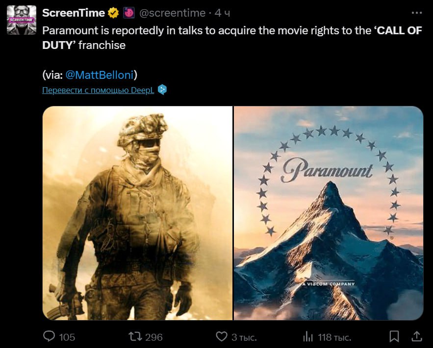 Слухи культовая серия шутеров Call of Duty может получить экранизацию Paramount ведут переговоры о приобретении прав на экранизацию франшизы
