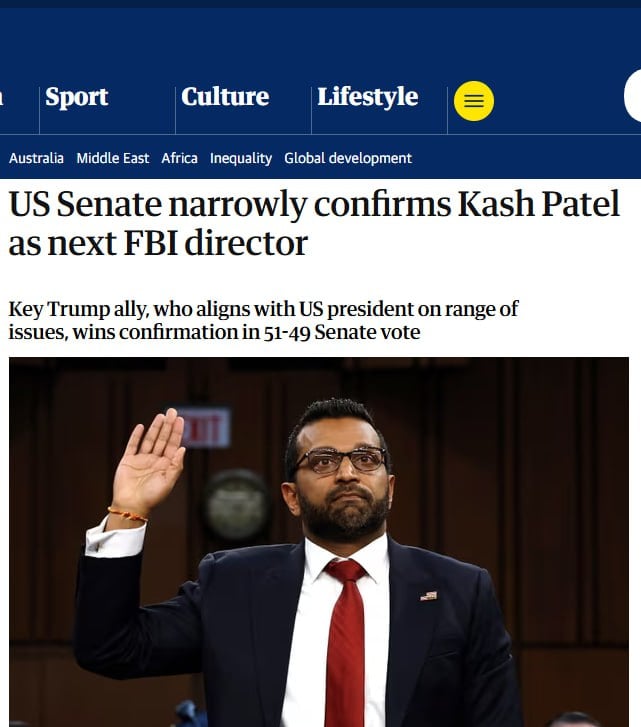 The Guardian: Сенат США утвердил Кэша Пателя на должность следующего директора ФБР, передав контроль над главным правоохранительным агентством страны должностному лицу, которое отказалось прямо заявить, будет ли он использовать свою должность для преследования политических оппонентов Дональда Трампа.  Кандидатура Пателя была утверждена в четверг с небольшим перевесом голосов  51-49 , что отражает противоречивый характер его выдвижения и то, что демократы считают, что он не намерен сохранять независимость бюро от партийной политики или противостоять политически мотивированным запросам президента.