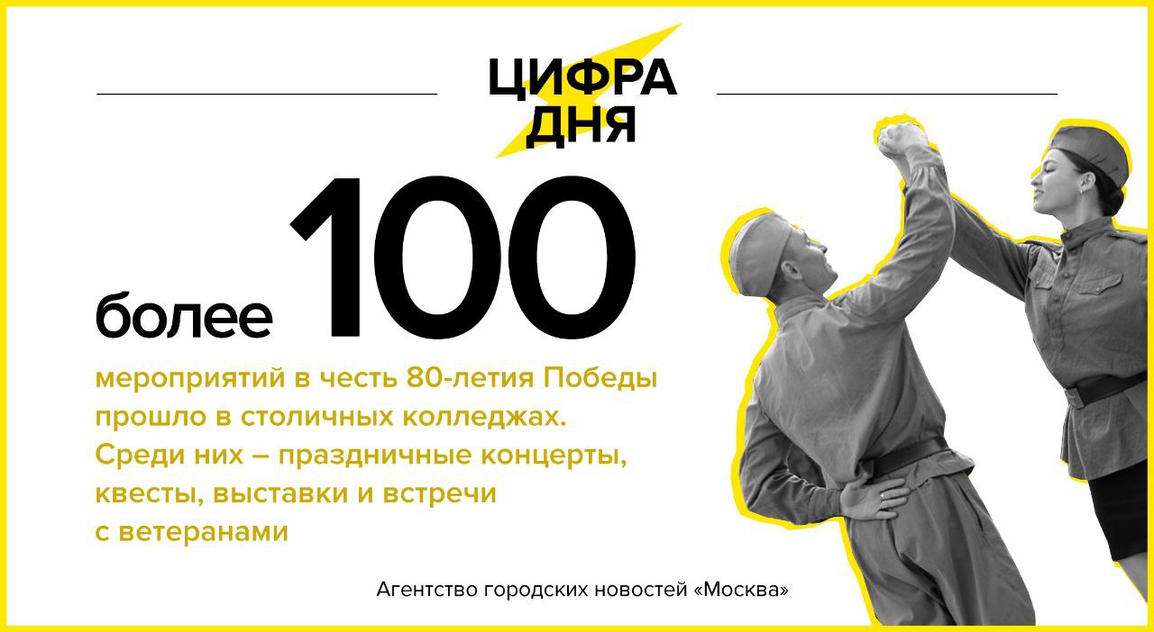 Цифра дня 8 мая: Более 100 мероприятий в честь 80-летия Победы прошло в столичных колледжах. «Москва»