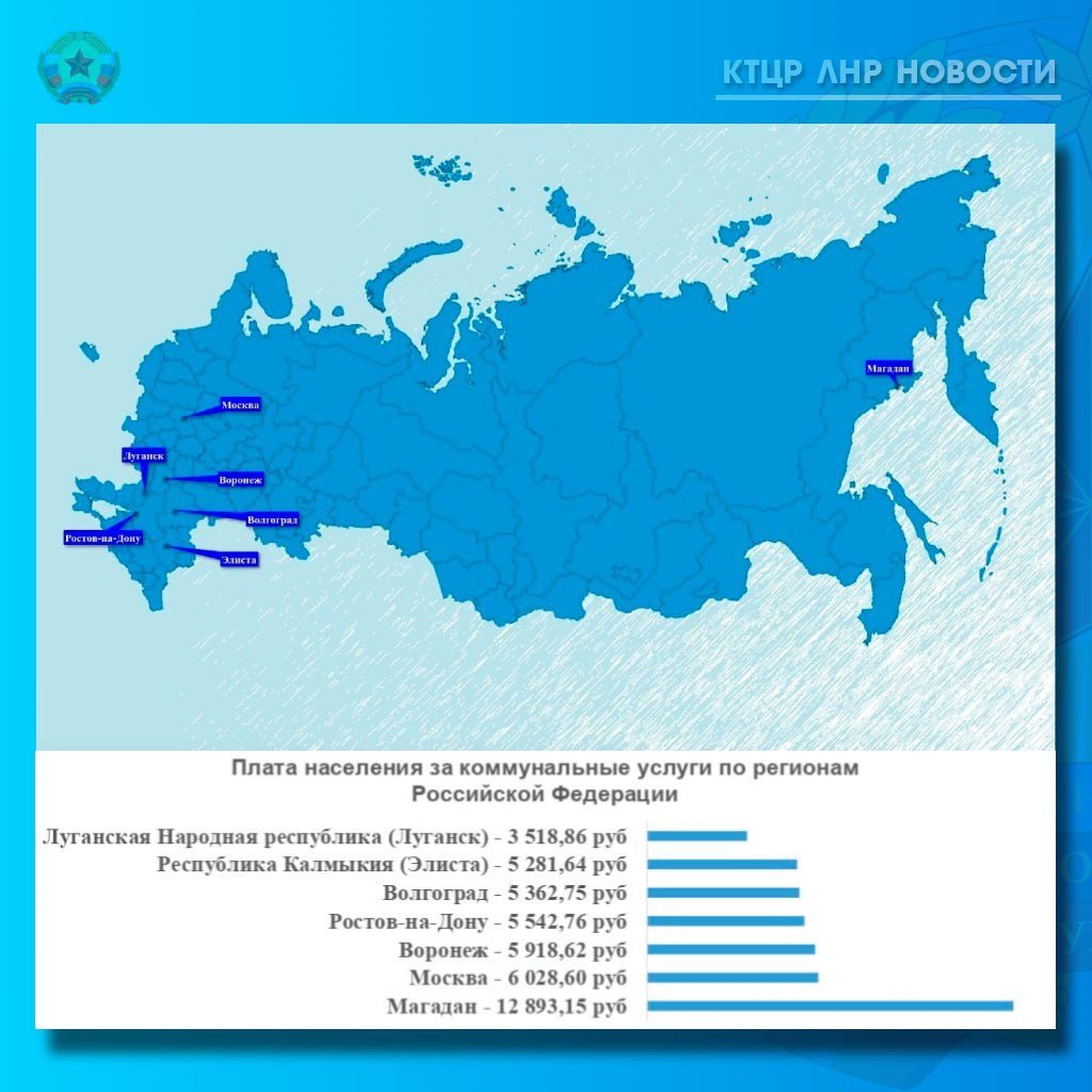 В Комитете тарифного и ценового регулирования ЛНР сравнили размер средней "платежки" по коммунальным платежам в Республике с платежками в других регионах РФ   В расчет брали шесть коммунальных услуг: воду, водоотведение, отопление, газ, электроэнергию и обращение с твердыми коммунальными отходами  Сравнить решили после вопросов жителей региона,  почему в ЛНР расходы на оплату коммунальных услуг "почти, как в Москве".  "Мы решили выяснить: сколько стоит “коммуналка” в столице нашей Родины? В итоге так увлеклись, что решили сравнить цифры не только по столице нашей страны и столице нашей республики, но и по другим городам России. Для анализа выбрали один из городов Российской Федерации, где тарифы на “коммуналку” достигают максимальных значений – это Магадан и один из городов с минимальными значениями – Элиста  Республика Калмыкия . Не оставили без внимания соседей: Ростов-на-Дону и Воронеж. Плюс к 82-ой годовщине разгрома немецко-фашистских войск в Сталинградской битве  решили включить в список и Волгоград", - сказано на официальной странице Комитета в ВК.   Наглядное сравнение - на картинке.