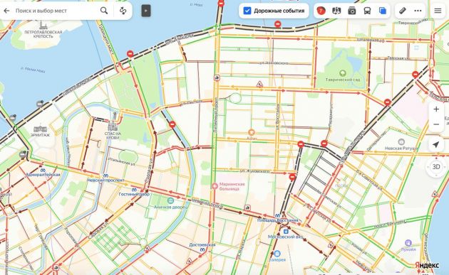 В Петербурге уже час пик. Дороги «покраснели» до 7 баллов  По данным сервиса "Яндекс Карты", около пяти часов вечера загруженность дорог в Петербурге достигла семи баллов. Красно-желтые пробки наблюдаются в центре. Затруднено движение на набережной Обводного канала, Садовой улице, Невском проспекте.  Сервис также фиксирует перекрытия, а вместе с этим – багровые пробки. На момент подготовки публикации перекрыты Дворцовая и Смольная набережные, Суворовский проспект. Покраснела и побагровела также Петроградская сторона.  Пробки наблюдаются и на кольцевой. Затруднен в обе стороны участок от Шушар в сторону вантового моста, стоит и внутреннее кольцо от Янино в направлении Кудрово.     "Яндекс Карты"