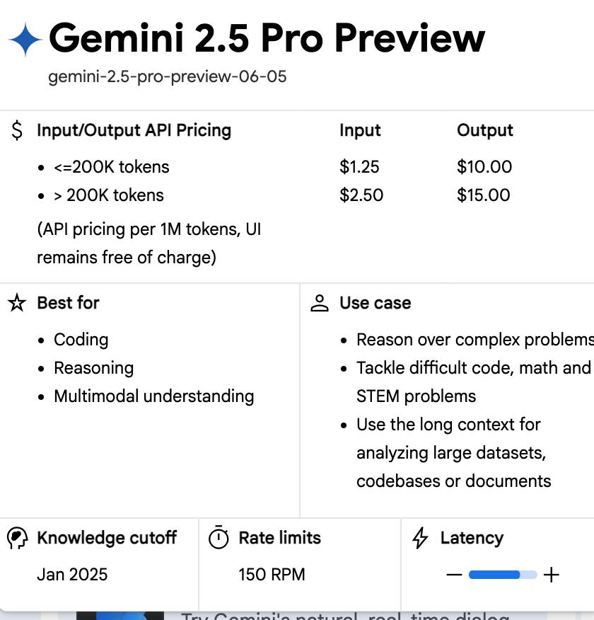 Google обновила Gemini 2.5 Pro  Preview   На бенчмарках модель заметно подросла и «поумнела» на задачах кода, логики и точных наук.  – 82.2% на задачах по программированию  Aider Polyglot  – 86.4% на вопросах по естественным наукам  GPQA  – 21.6% на Humanity’s Last Exam  тест на мышление и знания   Цены в API: — до 200K токенов: $1.25 input / $10 output — больше 200K: $2.50 / $15  за 1M токенов   Доступ: AI Studio, Vertex, Gemini App.