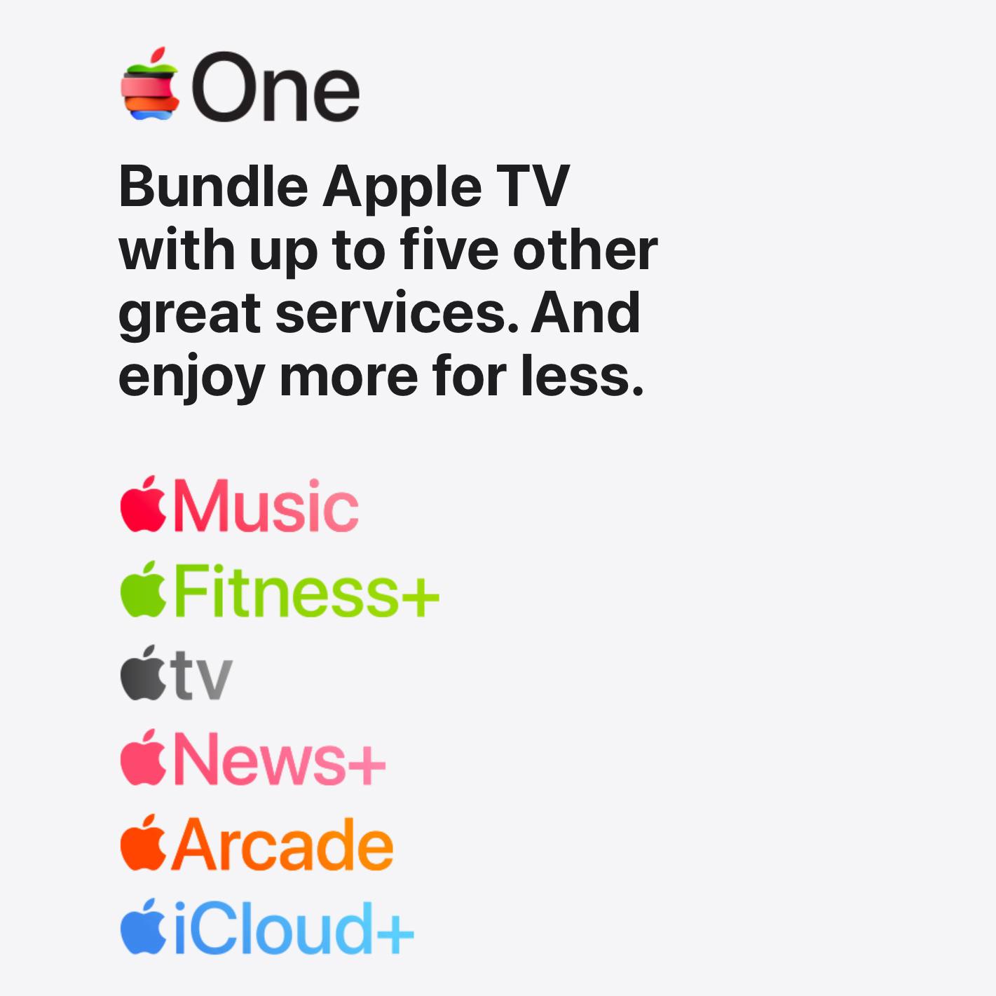 Apple также обновила логотип единой подписки One теперь он состоит из 6 цветов каждый из которых представляет определенный входящий в подписку сервис Music Fitness tv News Arcade и iCloud