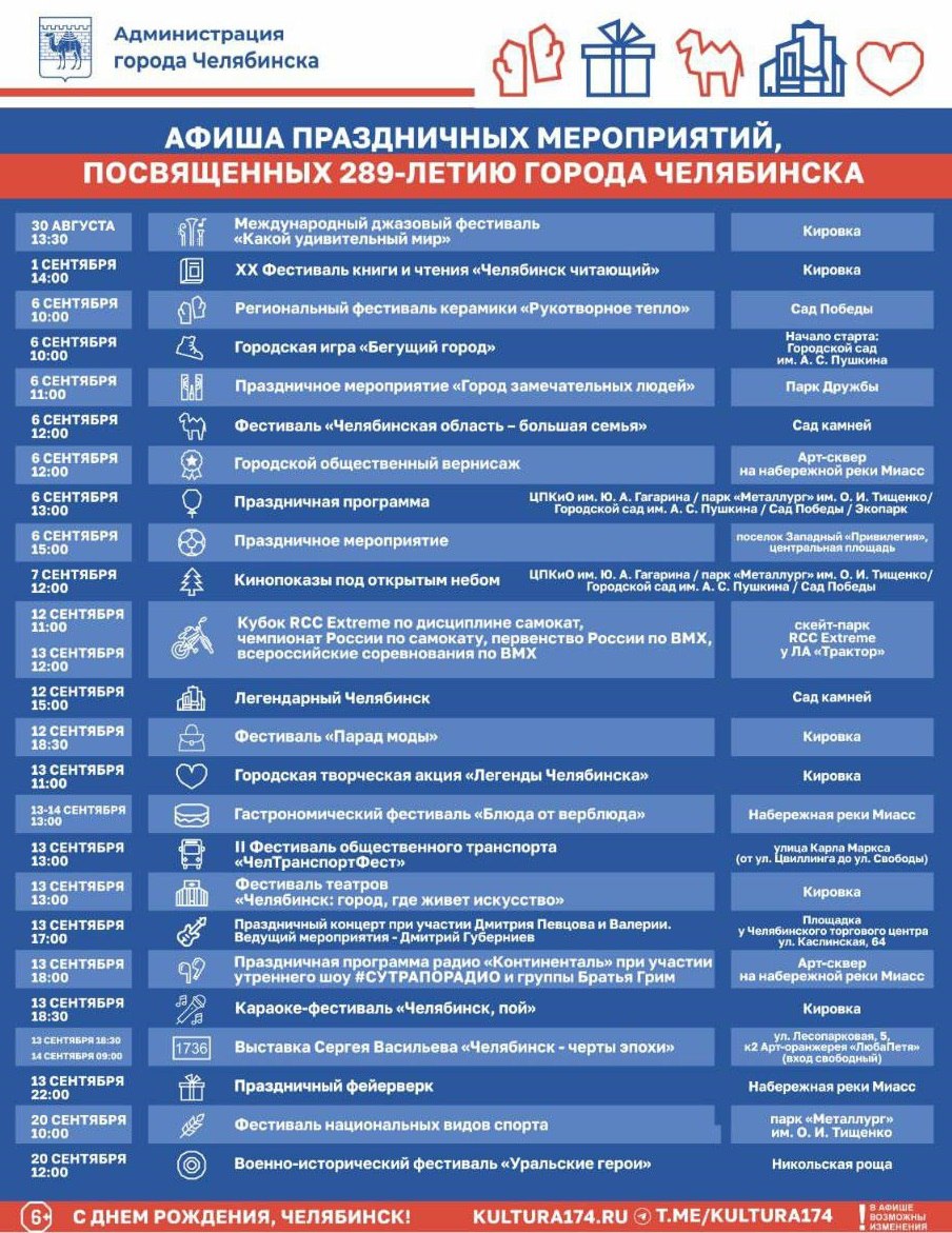Фестивали концерт и салют более 20 мероприятий подготовили ко Дню города в Челябинске Часть из них пройдет уже в ближайшие дни например джазовый форум Какой удивительный мир 30 августа и фестиваль Челябинск читающий 1 сентября Однако большинство активностей запланированы на 13 сентября В этом году праздник спустя долгое время отметят в соответствии с исторической датой основания города Так в этот день пройдут творческая акция Легенды Челябинска гастрономический фестиваль Блюда от верблюда на набережной реки Миасс и фестиваль общественного транспорта на улице Карла Маркса в парке Металлург же соберутся представители национальных видов спорта Пешеходная Кировка же станет площадкой для фестивалей театров и караоке Вечером у Торгового центра состоится праздничный концерт с участием певицы Валерии и Дмитрия Певцова а вести шоу будет известный спортивный комментатор Дмитрий Губерниев Завершить же день должен праздничный салют Вести Южный Урал Челябинск