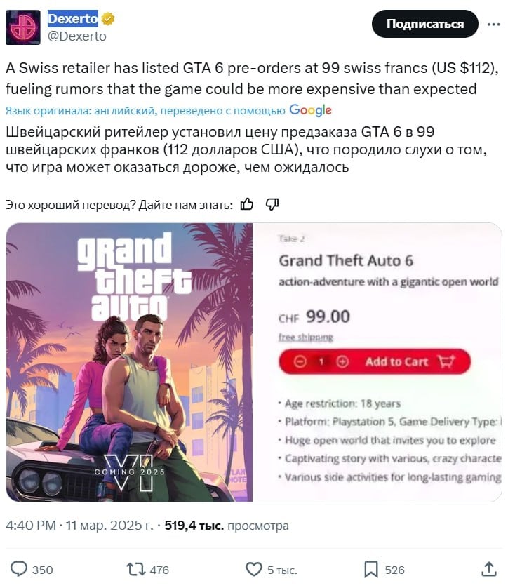 Цена GTA 6 в Швейцарии — $112  9.700₽   Предзаказ выставили за 99 швейцарских франков, что выше прогнозов аналитиков, которые ожидали игру по $80–100   Важно понимать:  Rockstar не открывала предзаказы, не объявляла стоимость, а дата выхода игры до сих пор неизвестна  Скорее всего, продавец просто подстраховался, завысив цену, или...  // Очередной повод для "хайпа" магазина?