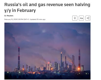 Доходы России от нефти и газа в феврале почти сократятся вдвое до 410 миллиардов рублей 5 35 миллиарда долларов по сравнению с тем же месяцем 2025 года из за укрепления рубля и снижения цен на нефть показали расчёты Reuters jkinvest news jkinvest