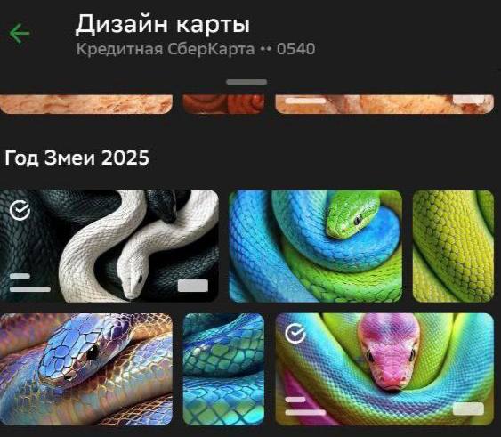 В преддверии года Змеи появились новые дизайны карт Сбера, которые «нарисовала» нейросеть Kandinsky. А все дизайны можно найти и установить прямо в приложении банка.  Обязательно показываем дамам из бухгалтерии. Они хладнокровных коллег точно заценят.  veraafanasyeva