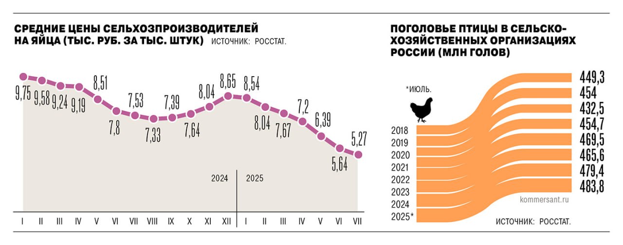 Цены на куриные яйца в России упали на 20 30 с начала года после резкого роста в 2023 2024 годах когда дефицит стал темой пресс конференции президента Десяток яиц первой категории сейчас стоит в среднем 53 3 рубля 26 5 к прошлому году Причина снижения перепроизводство объемы выпуска выросли на 6 3 и достигли 120 от внутреннего потребления тогда как спрос остался стабильным Рентабельность производителей упала с 53 6 до 11 однако быстро сократить производство невозможно из за уже введенных мощностей Ожидается что ситуация выровняется осенью благодаря сезонному росту спроса но в долгосрочной перспективе проблему могло бы решить развитие перерабатывающих мощностей которые практически отсутствуют в России