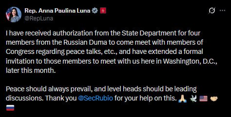 Конгрессвумен Анна Паулина Луна пригласила четырех депутатов Госдумы РФ посетить Вашингтон в конце января для обсуждения мирных переговоров По ее словам она получила разрешение госдепартамента США на визит российских представителей и уже направила им официальные приглашения Мир должен всегда царить а дискуссии должны вестись здравым смыслом написала Луна в соцсети X Она также поблагодарила госсекретаря Марко Рубио за помощь в данном вопросе IZ RU в Telegram в MAX