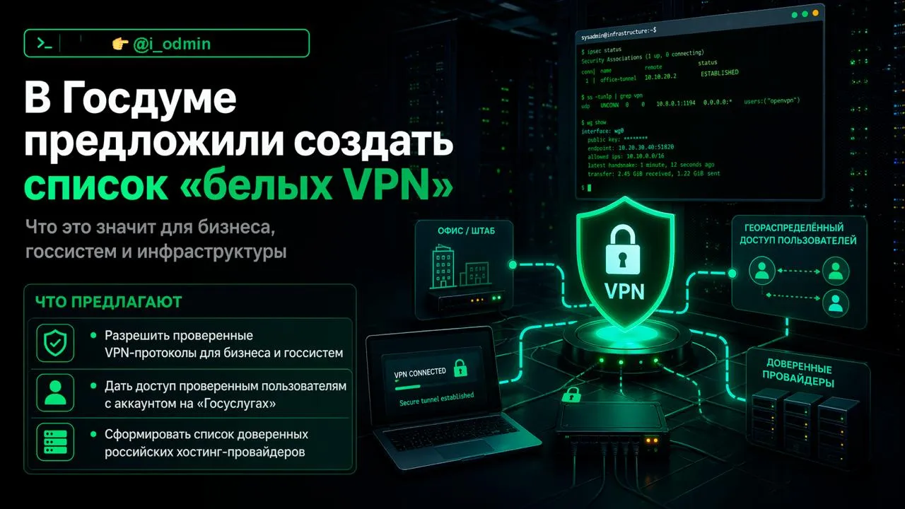 Депутат Госдумы Гусев предложил создать список белых VPN В Государственной думе поступило предложение о формировании перечня одобренных VPN протоколов Эти технологические решения должны обеспечивать функционирование коммерческих организаций и государственных структур С данным предложением выступил депутат Дмитрий Гусев По его утверждению VPN является основной технологией для обеспечения безопасности информации Крупные компании и некоторые государственные системы используют её в своей деятельности Дополнительно он предложил обеспечивать доступ к мобильной сети тем людям которые имеют подтверждённую учётную запись на портале Госуслуги Также депутат считает необходимым составить список российских хостинг провайдеров которые заслуживают доверия И возникают вопросы о том является ли это решение способом согласования интересов защиты данных и доступа к ресурсам или методом усиления надзорных функций Как вам такая инициатива Мы в MAX i odmin