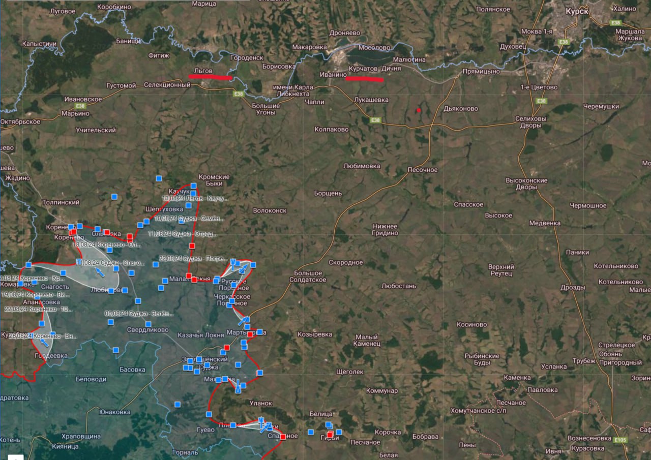 Площадь территориального контроля ВСУ в Курской области оценивается равной 956 км²  с   , карта  .   К Льгову и на трассу Льгов - Курчатов пытались прорваться несколько ДРГ противника. В настоящее время наши военные контролируют ситуацию  с     Как видим, дальность действия украинских ДРГ весьма серьезная. Просачиваются через разрывы в обороне.