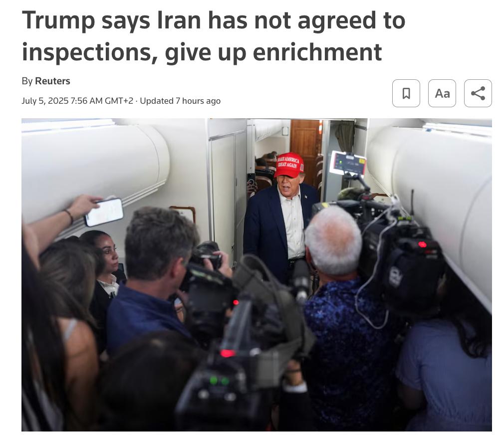 Трамп заявил, что Иран не согласился на инспекции своей ядерной программы и не отказался от обогащения урана. Об этом он сказал журналистам на борту своего самолета. По словам Трампа, ядерная программа Тегерана была "навсегда отброшена назад", хотя Иран может возобновить ее в другом месте. Он также сообщил, что обсудит иранский вопрос с премьером Нетаньяху во время его визита в Белый дом в понедельник.