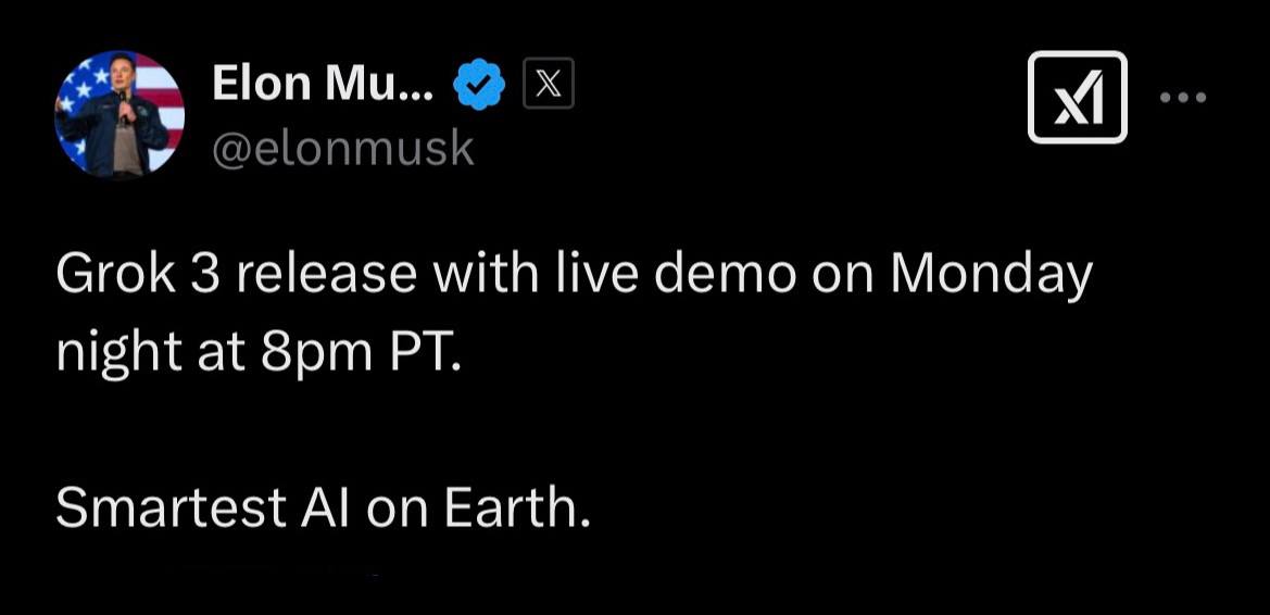 Илон Маск заявил, что уже завтра чат-бот Grok 3, который он назвал "самым умным ИИ на Земле" будет запущен  По словам Маска, эта система обладает уникальными возможностями. На конференции в Дубае он сказал:   "Он способен рассуждать лучше, чем все существующие модели"  Плюсы:    Полностью бесплатная - забудьте про подписки за $200.    Без цензуры - никаких табу, Grok 3 скажет всё, что думает.    Самый умный ИИ на планете - по крайней мере, так уверяет Маск.
