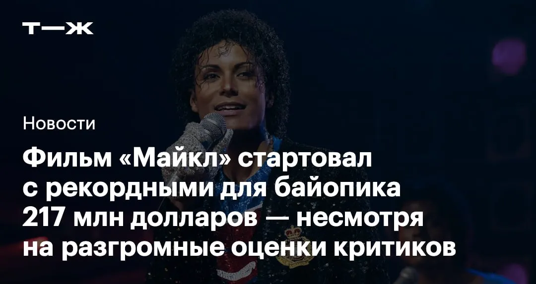 Майкл установил рекорд среди биографических фильмов за первый уик энд в мировом прокате он собрал 217 млн долларов Из них 97 млн долларов пришлись на США В американском прокате Майкл почти вдвое обогнал предыдущих рекордсменов среди байопиков Голос улиц и Богемскую рапсодию При этом мнения о Майкле резко разделились Критики считают что фильм слишком сглаживает биографию Джексона и почти не раскрывает его как личность Зрители в свою очередь остались в восторге от байопика В кинотеатрах России Майкла начнут показывать с 28 мая   t j ru t tg michael record