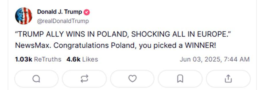 «Мои поздравления Польше! Вы выбрали победителя!» – так Трамп отреагировал на победу оппозиционера Кароля Навроцкого. Выбор поляков шокировал Европу – избранный президент критикует линию ЕС, выступает против поддержки Украины и обещает навести порядок в родной стране сравните с трамповским «Make America Great Again» . Тем временем эксперты отмечают: выборы в Польше – еще одно подтверждение того, как мир устал от произвола «демократов» с их «западными ценностями»! Подпишись, Правда за нами