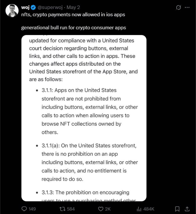 Apple знімає обмеження Тепер додатки для iOS можуть вільно приймати криптовалюту, продавати NFT та спрямовувати користувачів на зовнішні сайти без 30% "податку Apple" і без обмежень для Web3-функціоналу. Оновлення стосується App Store у США та стало результатом судового рішення: Apple зобов’язали дозволити зовнішні посилання та альтернативні методи оплати. Розробникам більше не потрібно отримувати дозволи — вони можуть створювати, розміщувати та продавати NFT безпосередньо в додатках. CryptoFace