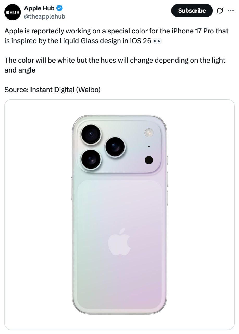 iPhone 17 Pro может выйти в цвете «жидкое стекло» — китайские инсайдеры пишут, что эту версию сделали специально под редизайн в iOS 26. Корпус напоминает обычный белый, но на свете он будет переливаться разными оттенками. Проверим на презентации в сентябре.