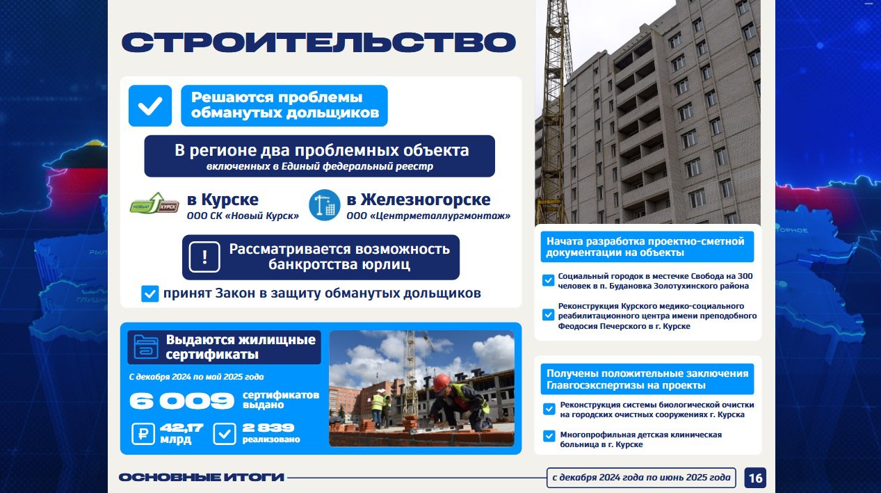 В Курской области решается проблема обманутых дольщиков Проблемных объектов - два, в Курске и в Железногорске. - Это одна из проблем Курской области: строительство началось по одной стоимости, она в процессе возрастает неоднократно, меняется проектная документация, строительство продолжается, но без правоустанавливающего документа, - отметил Александр Хинштейн. - Конечно же, понимаем, что строительная отрасль, как и многие другие, сегодня развивается недостаточно. Сейм Курская область