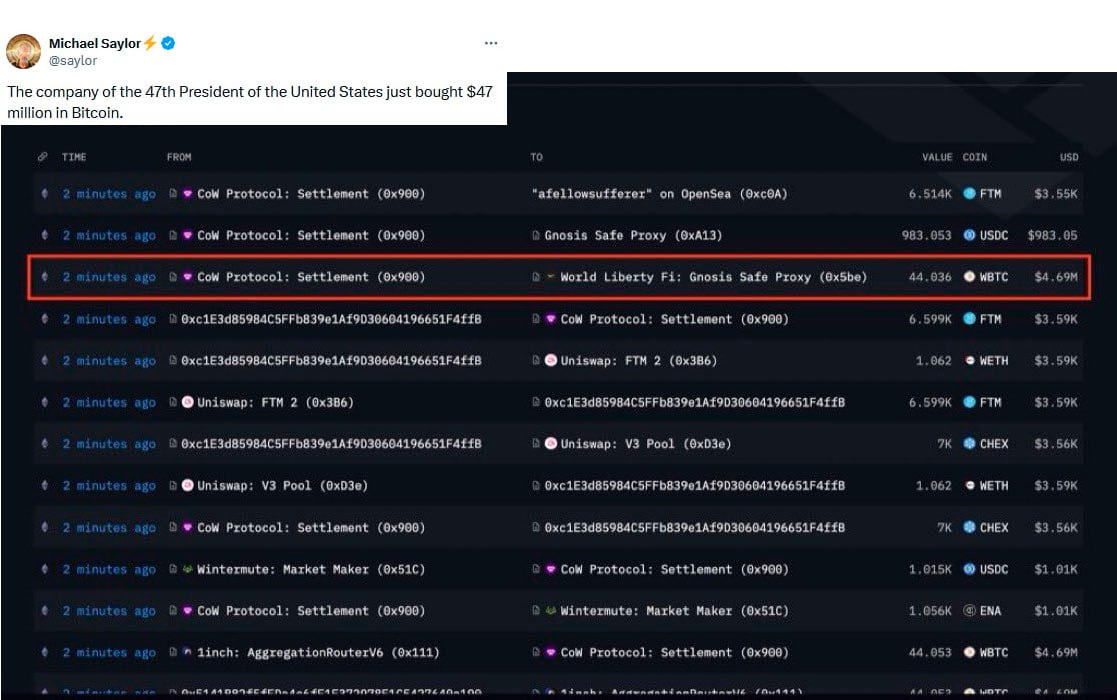 Майкл Сэйлор:  Компания 47-го президента США  World Liberty Financial   только что купила биткоины на 47 миллионов долларов.    Наши ссылки    Торгуем на Bybit     Торгуем на BingX      Pro Energy