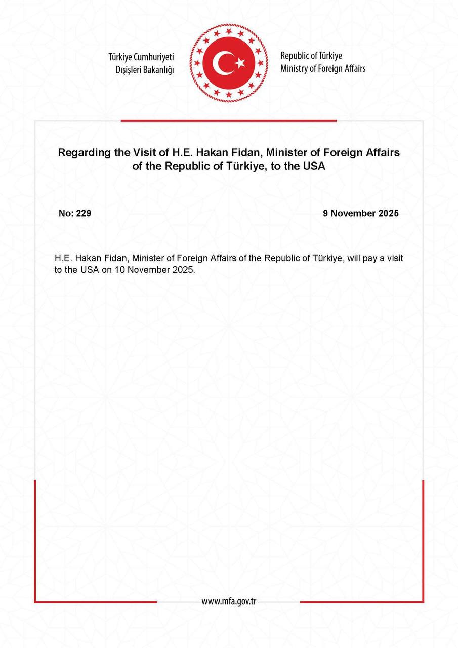 Министр иностранных дел Турции Хакан Фидан прибудет в Вашингтон 10 ноября для переговоров с американскими официальными лицами Об этом сообщили в МИД Турции vesti az