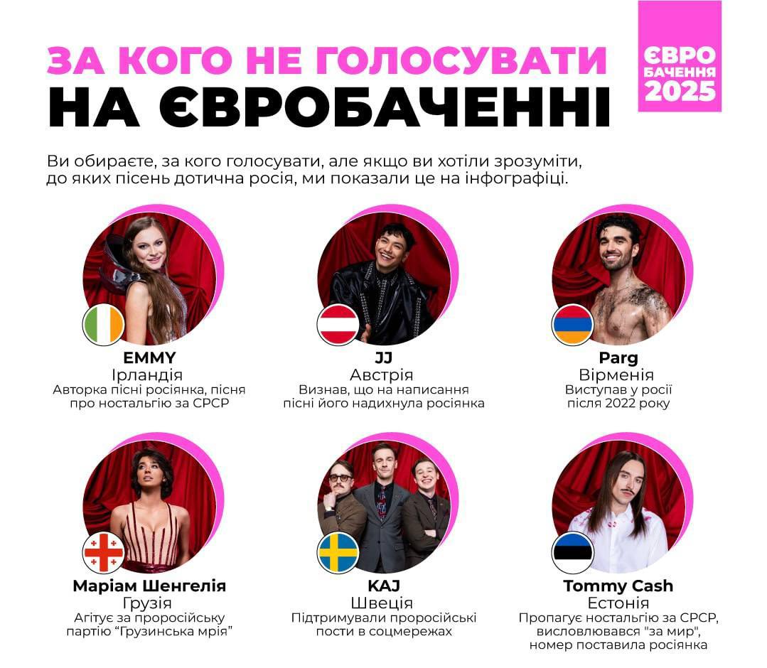 Тотальная зрада на Евровидение. Украинцы выпустили памятку, за кого нельзя голосовать. У ирландки автор песни - русская. Австрияк сказал, что его муза - русская. Армянин выступал в России после 22 года. Грузинка агитирует за пророссийскую партию. Швед поддерживает пророссийские посты в соцсетях. Эстонец ! выступает за мир и ностальгирует по СССР.