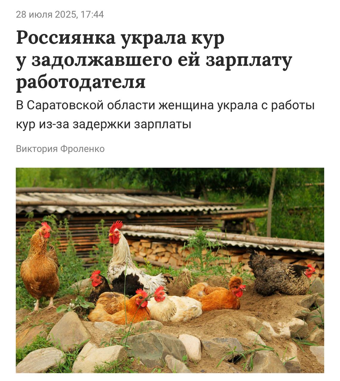 В Новоузенске женщина забрала у своего бывшего начальника 10 кур в качестве компенсации за невыплаченную зарплату. Мужчина, которому принадлежали птицы, обратился в полицию с заявлением об их исчезновении. Оказалось, что бройлеров на мопеде увезла его бывшая сотрудница, которой он задолжал деньги после её увольнения. Поскольку работодатель отказался идти на контакт, женщина решила действовать самостоятельно. В результате она осталась без денег, без кур и с уголовным делом.