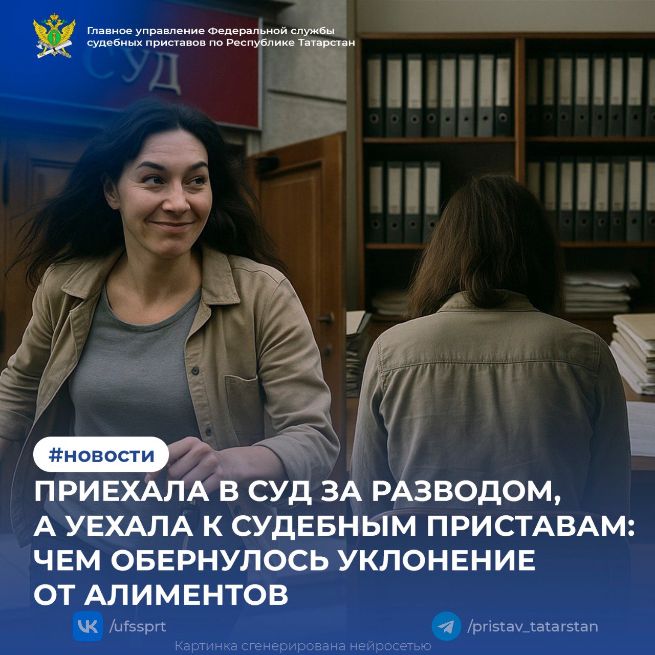 Судебные приставы Тетюшского районного отделения задержали местную жительницу, длительное время уклонявшуюся от уплаты алиментов на своих несовершеннолетних детей. Задолженность превысила 153 тысячи рублей. Хроника событий: - В отношении женщины было возбуждено исполнительное производство: алименты должны были поступать детям, проживающим с отцом. - Несмотря на уведомления и меры принудительного взыскания включая ограничения и постановление о приводе , она игнорировала требования приставов и скрывалась. Как задержали: Женщина явилась в Тетюшский районный суд по делу о разводе, где ее опознал судебный пристав по ОУПДС. При попытке разъяснить ей обязанности она попыталась скрыться под предлогом «подышать воздухом», села в машину, но выезд был перекрыт служебным автомобилем. Пока шел суд, судебный пристав-исполнитель оформил постановление о принудительном приводе должницы в отделение. После заседания она в сопровождении приставов отправилась в отделение, где в отношении нее был составлен административный протокол по ст. 5.35.1 КоАП РФ. В итоге мировой судья назначил ей 20 часов обязательных работ. Теперь женщине предстоит не только погасить долг по алиментам, но и отработать назначенные часы на благо своего района. 1 2 3 4 5 6 7